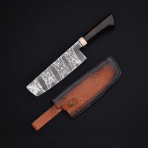 Hand-Forged Damascus Nakiri Knife with Leather Sheath – Professional Japanese-Style Vegetable Cleaver