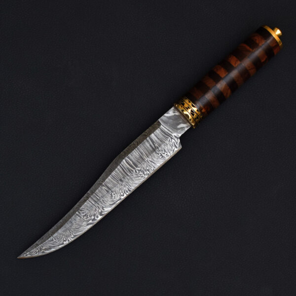 Damascus Steel Hunting Knife with Exotic Wood Handle & Brass Guard – Handcrafted With Leather Sheath