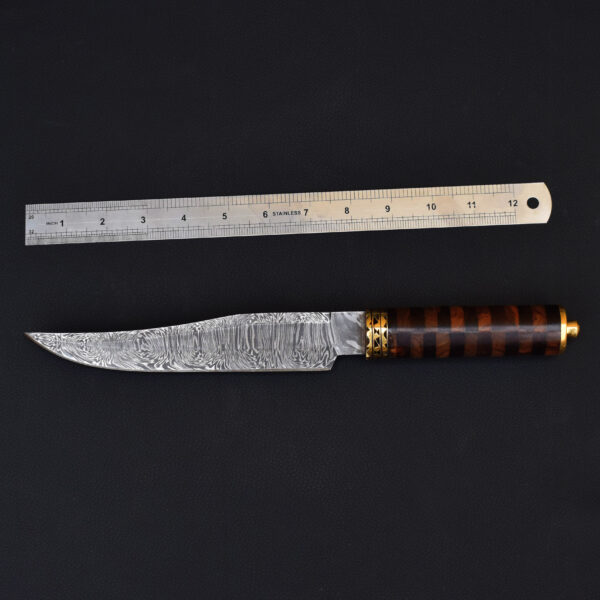 Damascus Steel Hunting Knife with Exotic Wood Handle & Brass Guard – Handcrafted With Leather Sheath