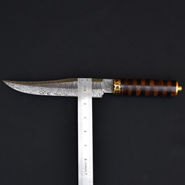 Damascus Steel Hunting Knife with Exotic Wood Handle & Brass Guard – Handcrafted With Leather Sheath