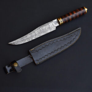 Damascus Steel Hunting Knife with Exotic Wood Handle & Brass Guard – Handcrafted With Leather Sheath