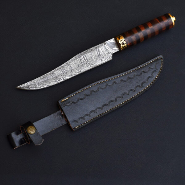 Damascus Steel Hunting Knife with Exotic Wood Handle & Brass Guard – Handcrafted With Leather Sheath