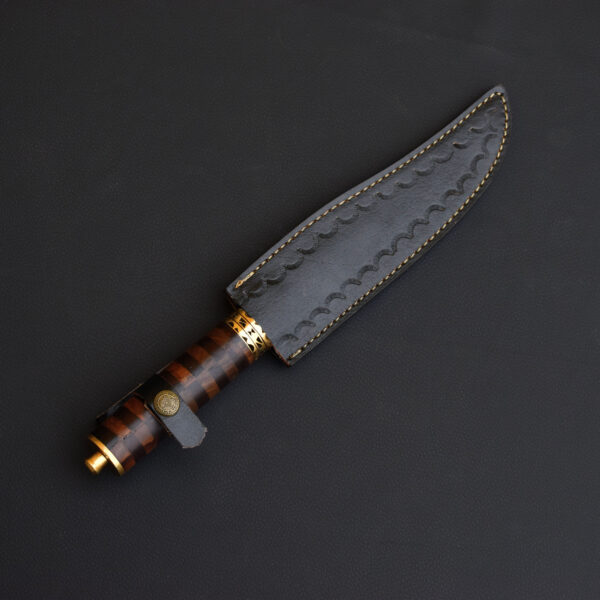 Damascus Steel Hunting Knife with Exotic Wood Handle & Brass Guard – Handcrafted With Leather Sheath