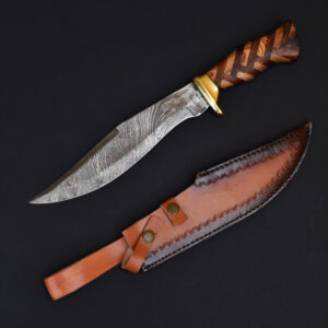 Handmade Damascus Steel Bowie Knife – Exotic Wood Handle & Leather Sheath