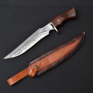 Premium Handmade Damascus Steel Bowie Knife with Leather Sheath – Full Tang Hunting & Survival Knife