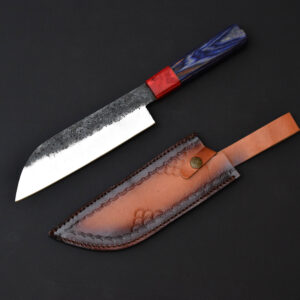 Handmade Santoku Chef Knife – High Carbon Steel Blade with Blue & Red Wood Handle + Leather Sheath