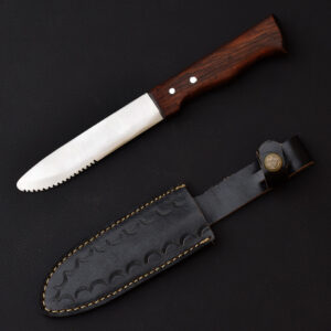 Handmade Serrated Camping Knife with Wooden Handle & Black Leather Sheath – Outdoor Utility & Bushcraft Tool