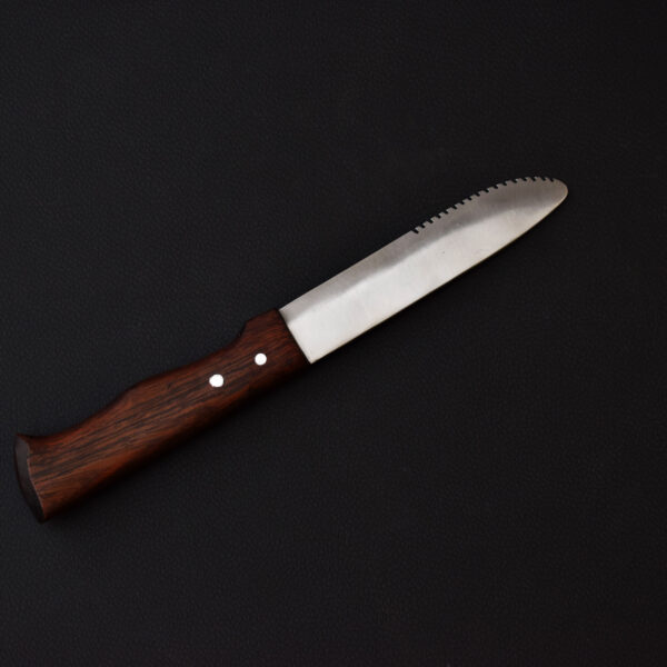 Handmade Serrated Camping Knife with Wooden Handle & Black Leather Sheath – Outdoor Utility & Bushcraft Tool