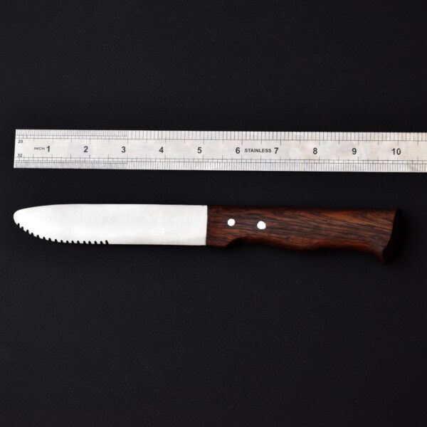 Handmade Serrated Camping Knife with Wooden Handle & Black Leather Sheath – Outdoor Utility & Bushcraft Tool