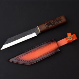 Handmade Tanto Knife with Celtic Wood Handle & Leather Sheath – High Carbon Steel Blade