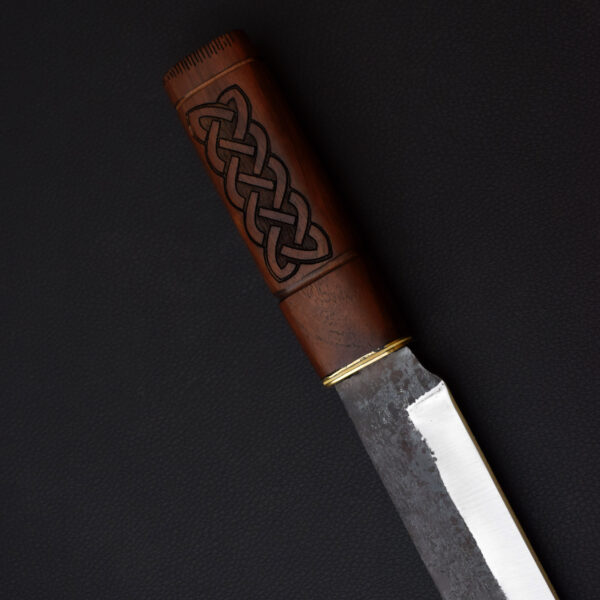 Handmade Tanto Knife with Celtic Wood Handle & Leather Sheath – High Carbon Steel Blade