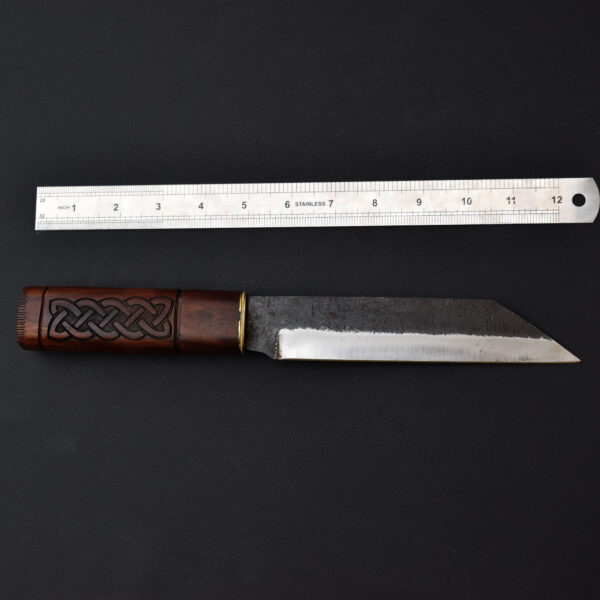 Handmade Tanto Knife with Celtic Wood Handle & Leather Sheath – High Carbon Steel Blade