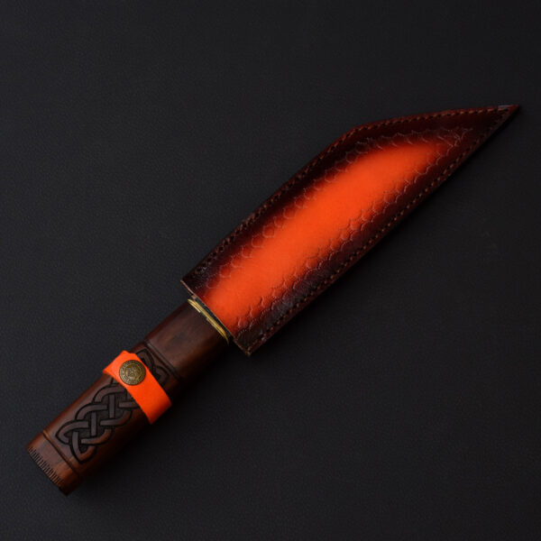 Handmade Tanto Knife with Celtic Wood Handle & Leather Sheath – High Carbon Steel Blade